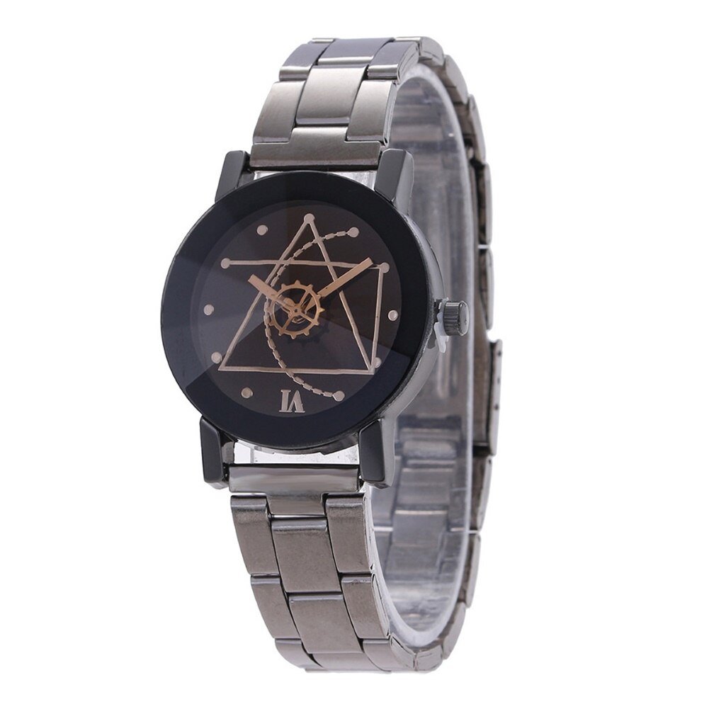 Uitverkoop! heren dames lovers gear ronde wijzerplaat roestvrijstalen band analoog quartz polshorloge: Vrouwen een