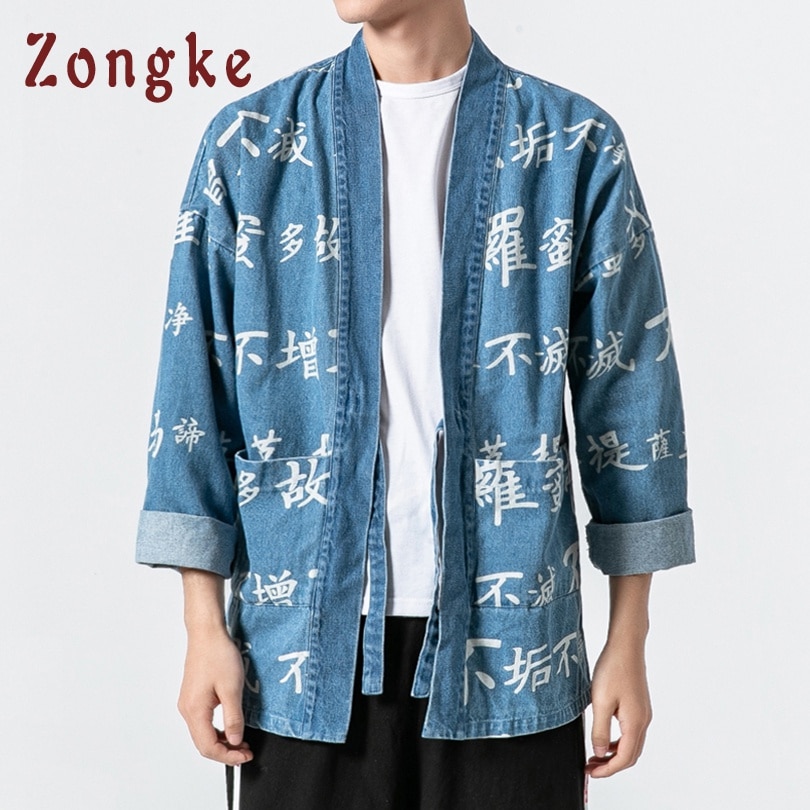 Zongke Chinese Buddhist Scripture Print Kimono Cardigan Japanese Kimono Men Jacket Streetwear Mens Kimono Denim Jacket Men