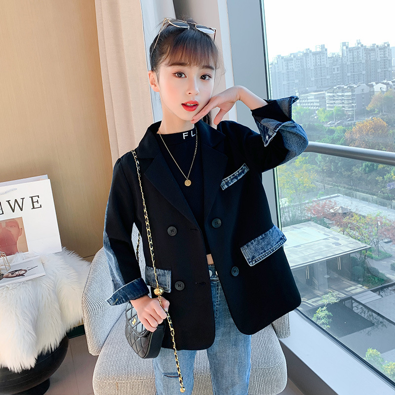 Blazer à Double boutonnage noir pour fille, veste en Denim avec coutures, vêtement d&#39;extérieur formel pour adolescent et enfant de 3 à 12 ans, nouvelle printemps-automne 2022