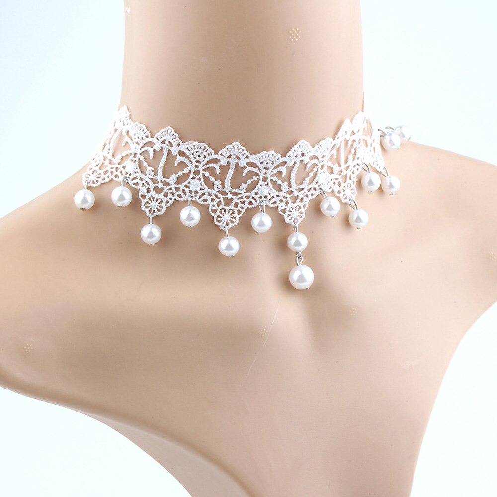 White Lace Pearl Choker Necklace Wedding Bridesmaid Handmade Adjustable Wide Hollow Bridal Jewelry Accessories