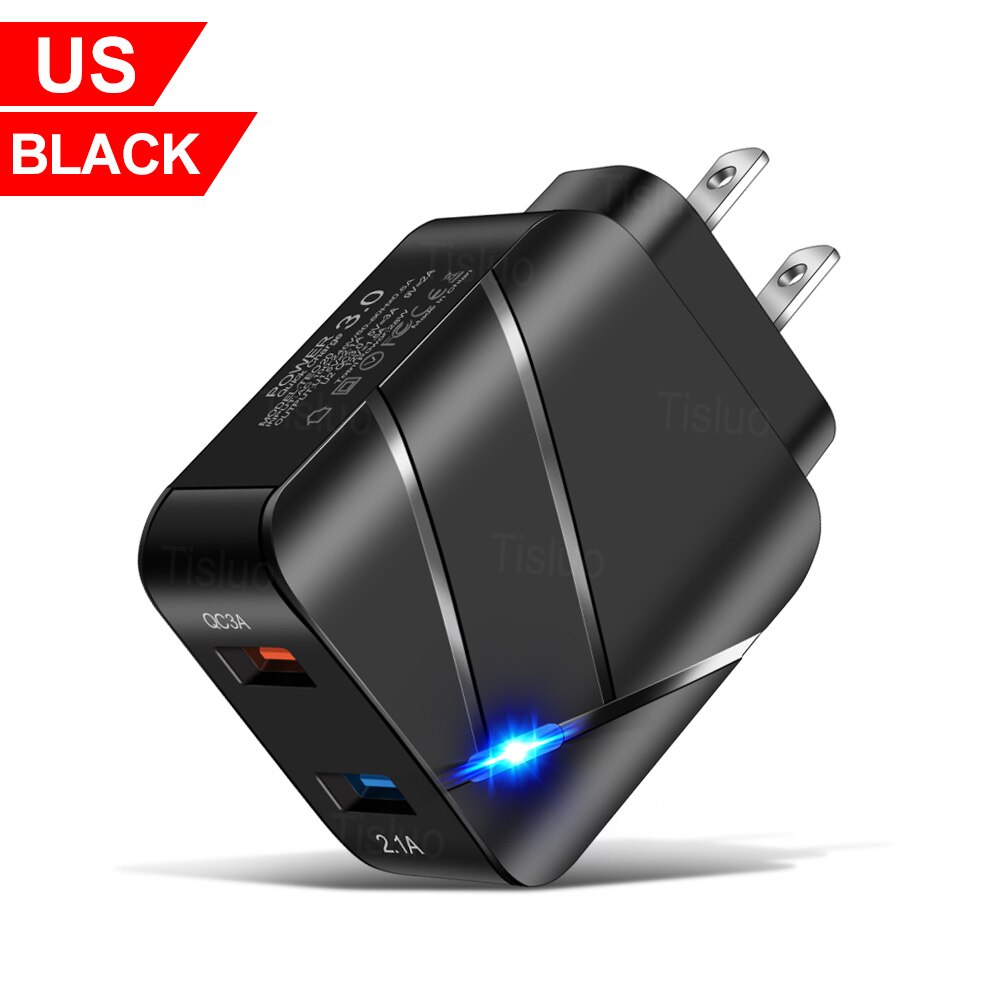 3A Usb Charger Quick Charge 3.0 Mobiele Telefoon Laders Voor Iphone Samsung Xiaomi Huawei Tablet 2 Poort Led Verlichting Muur lader: US Black