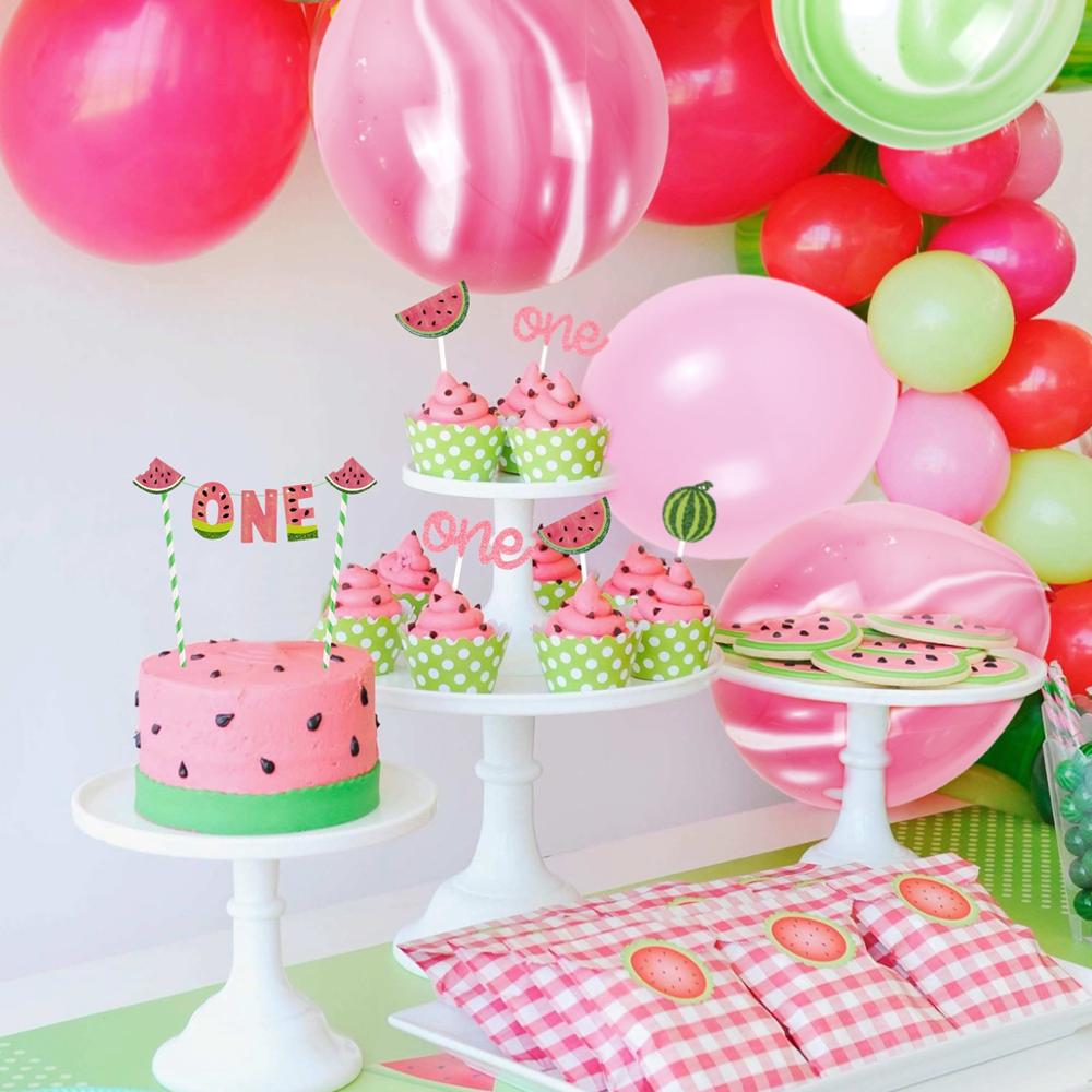 QIFU 1st Birthday Party Decorations Kids Summer Watermelon Party Cake Topper Bunting Flag Decor Pink Baby Shower Party Supplies