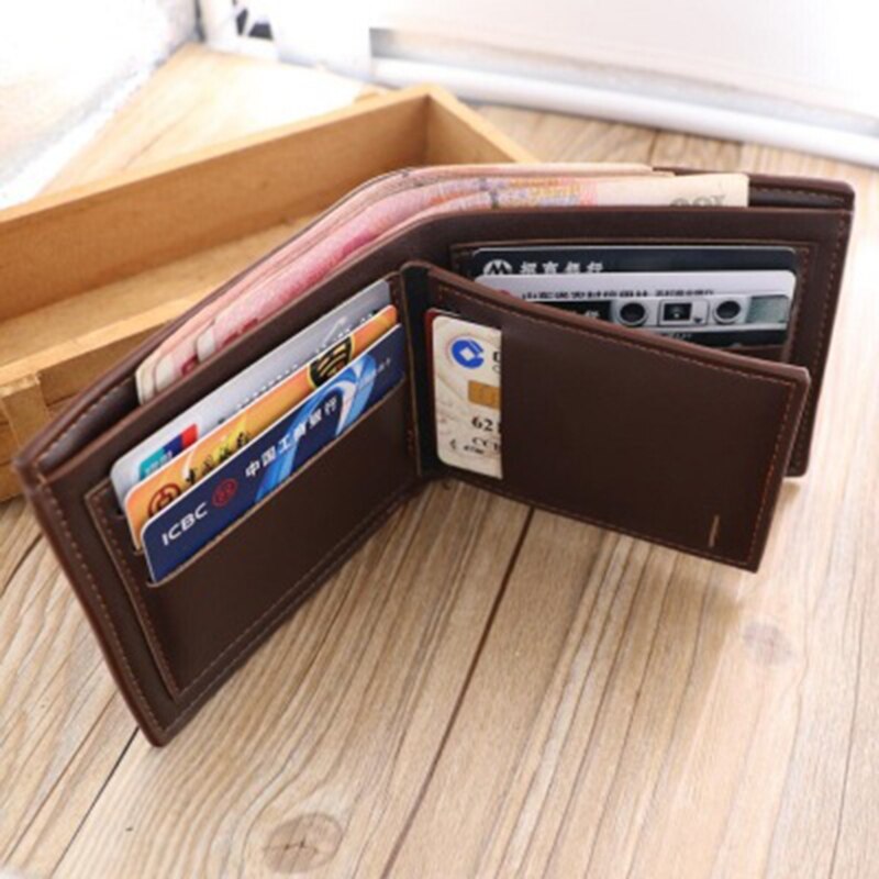 Men's Short Leather Wallet ID Credit Card Holder Billfold Purse Clutch Male Mini Letter Print Photo Wallet