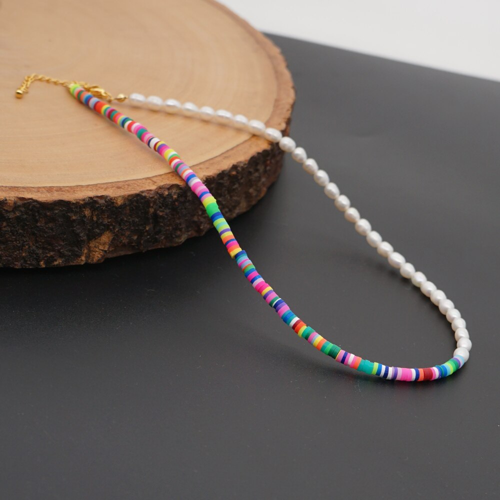 Go2 boho zoetwaterparels kettingen voor dames, sieraden van polymeerklei, heishi, 4mm kralen, handgemaakte choker, roestvrijstalen ketting