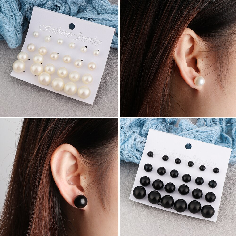 12 Pairs Vrouwen Sieraden Op Oor Bal Stud Oorbellen Kit Zwart Beige Gesimuleerde Parel Oorbellen Set Voor Bijouteria Brincos Bijoux