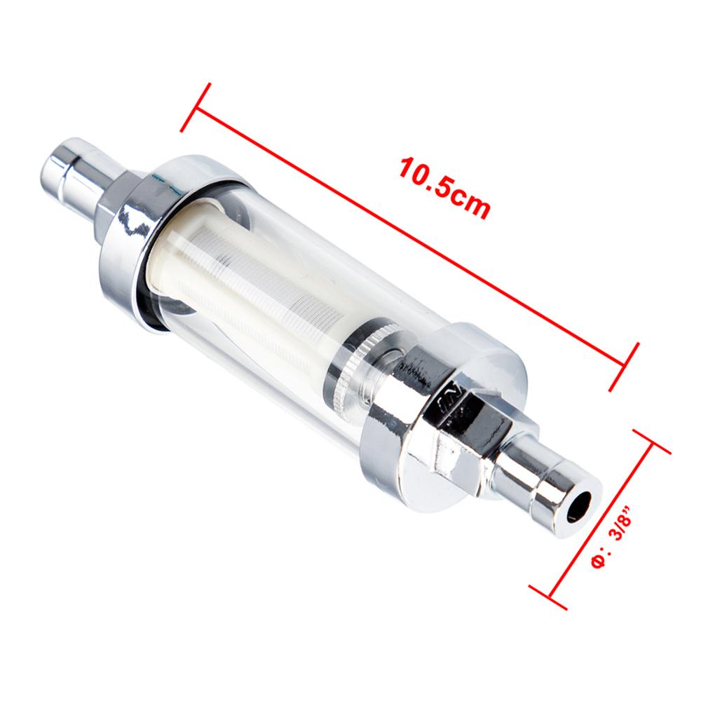 UNIVERSAL 3/8 INCH CLEAR GLASS INLINE FUEL FILTER IN & OUT CHROME PLATED HOSE