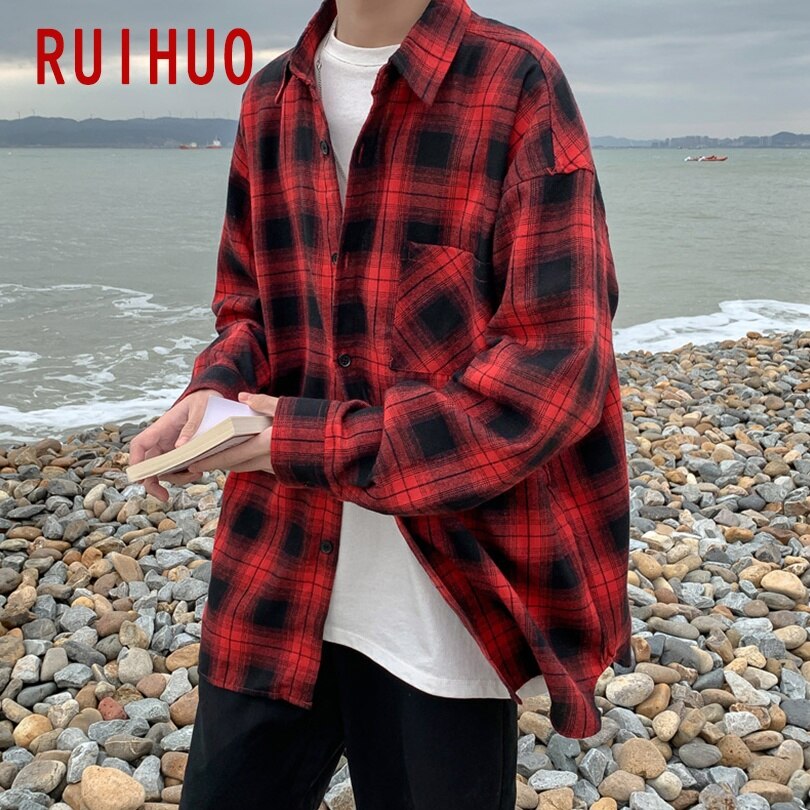 RUIHUO Plaid Men Shirts For Men Clothing Korean Style Men Shirt Long Sleeve Harajuku Plaid Shirt Korean Clothes 2XL Spring