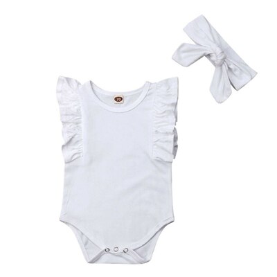 Infant Baby Mädchen Ärmellose Einfarbig Rüschen Body Body Neugeborenen Sommer Casual Kleidung + Stirnband Outfits 6-24 Monat a20: WHITE / 6m