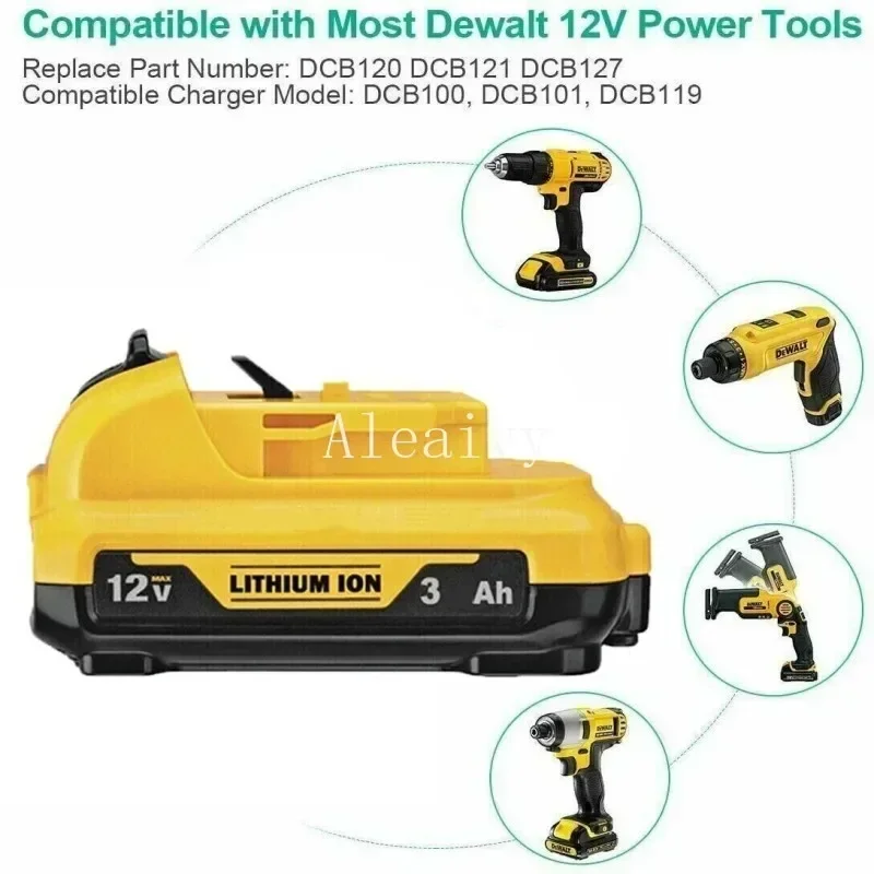 Reemplazo de batería de iones de litio Max 3,0Ah 10,8 V 12V para baterías recargables DeWalt DCB120 DCB123 DCB122 DCB127 DCB124