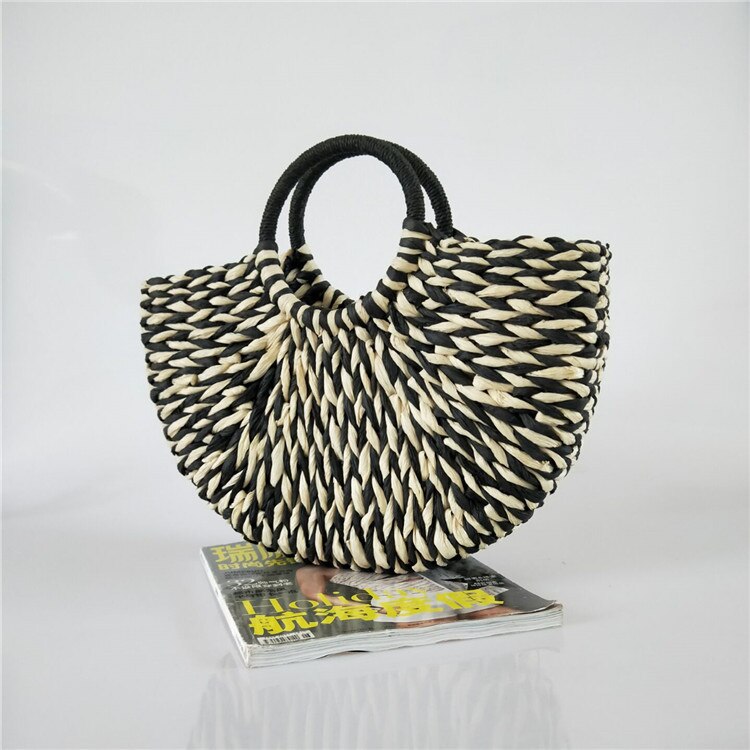 Wallike stro tassen dames ronde emmer halve cirkel stro tas handgemaakt net kleur gevlochten mand rotan handtas: Zwart