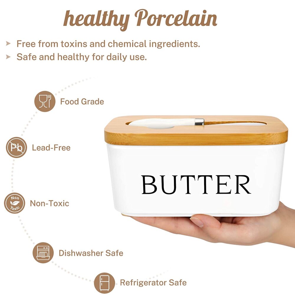 Nordic Butter Sealing Box Ceramic Butter Plate with Wood Lid and Knife Cheese Storage Tray Butter Dish Container Box
