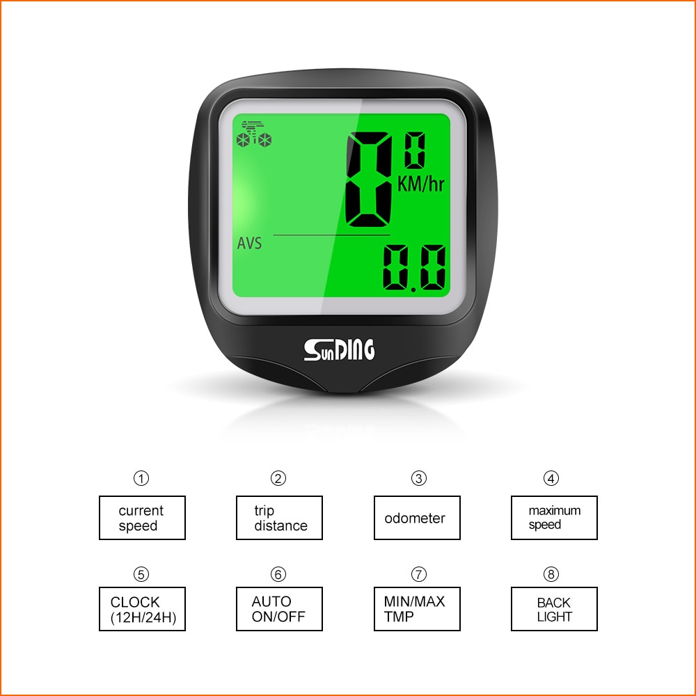 Sunding SD-568AE Bike Computer Cycling Computers Bicycle Speedometer Wireless Waterproof Stopwatch Odometer LCD Backlight Black