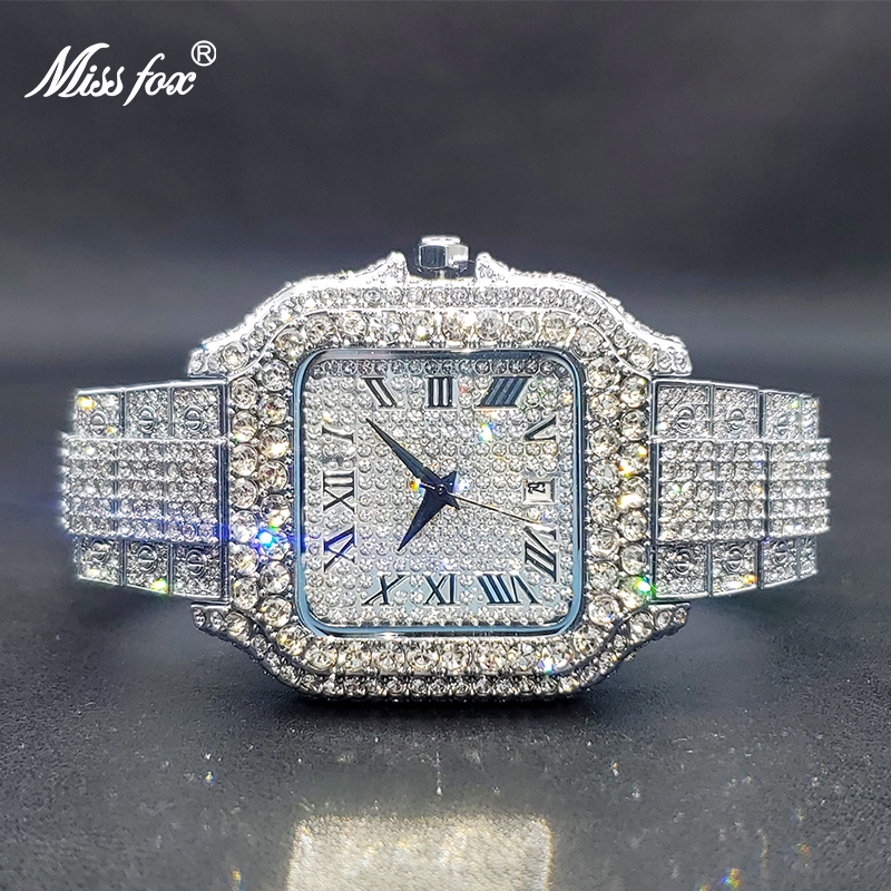MISSFOX-Grande montre de luxe pour hommes, entièrement en diamant, style hip hop de rue, montres à quartz avec calendrier, directe: Argent