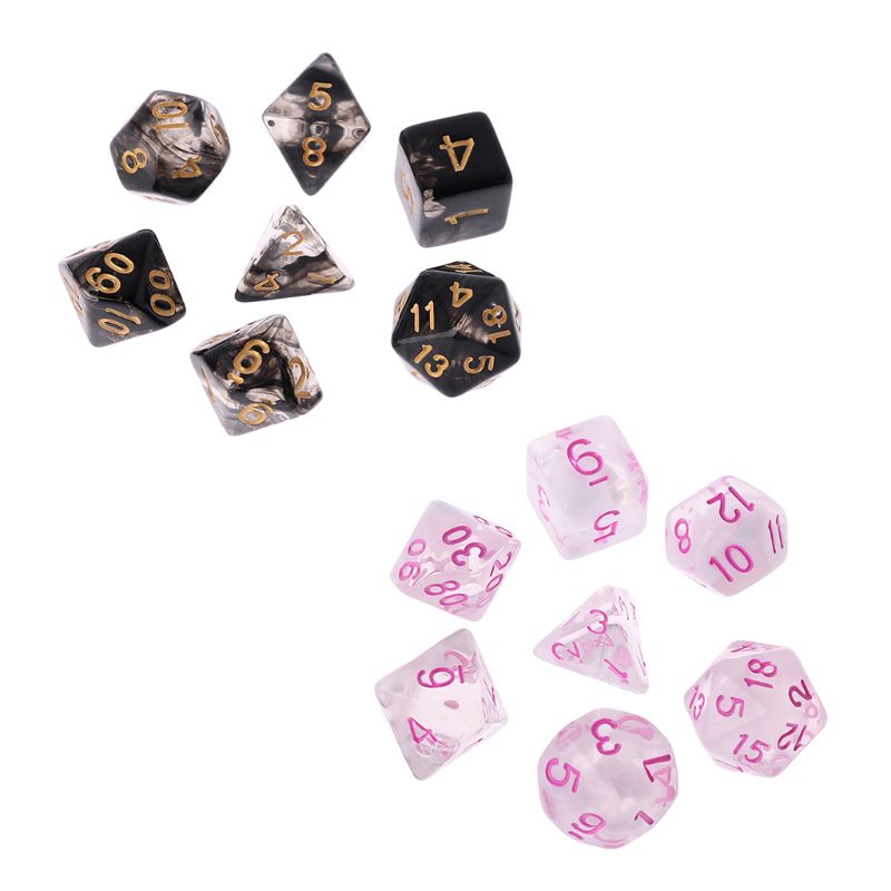 7 stuks/set speldobbelstenen transparante dobbelstenen multi-side desktop games party play polyhedral zwart/roze  q22f