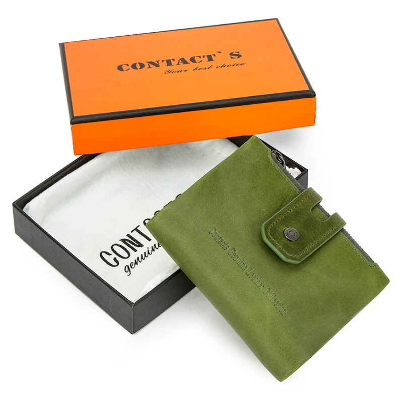 Vintage Purse Genuine Leather Women Short Style Wallet Hasp Wallet Zipper Purses Card Holder: Green Box