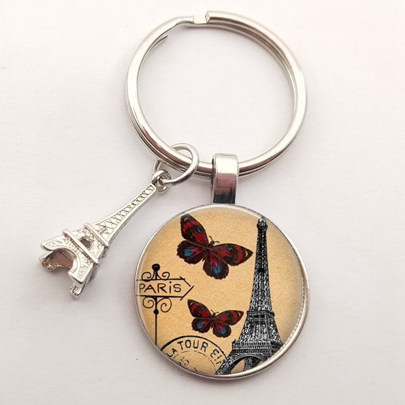 Romantic Paris Eiffel Tower Key Chains Art Lady Wander Drawing Glass Pendant Cute Keychain Keyring Women Bag Jewelry