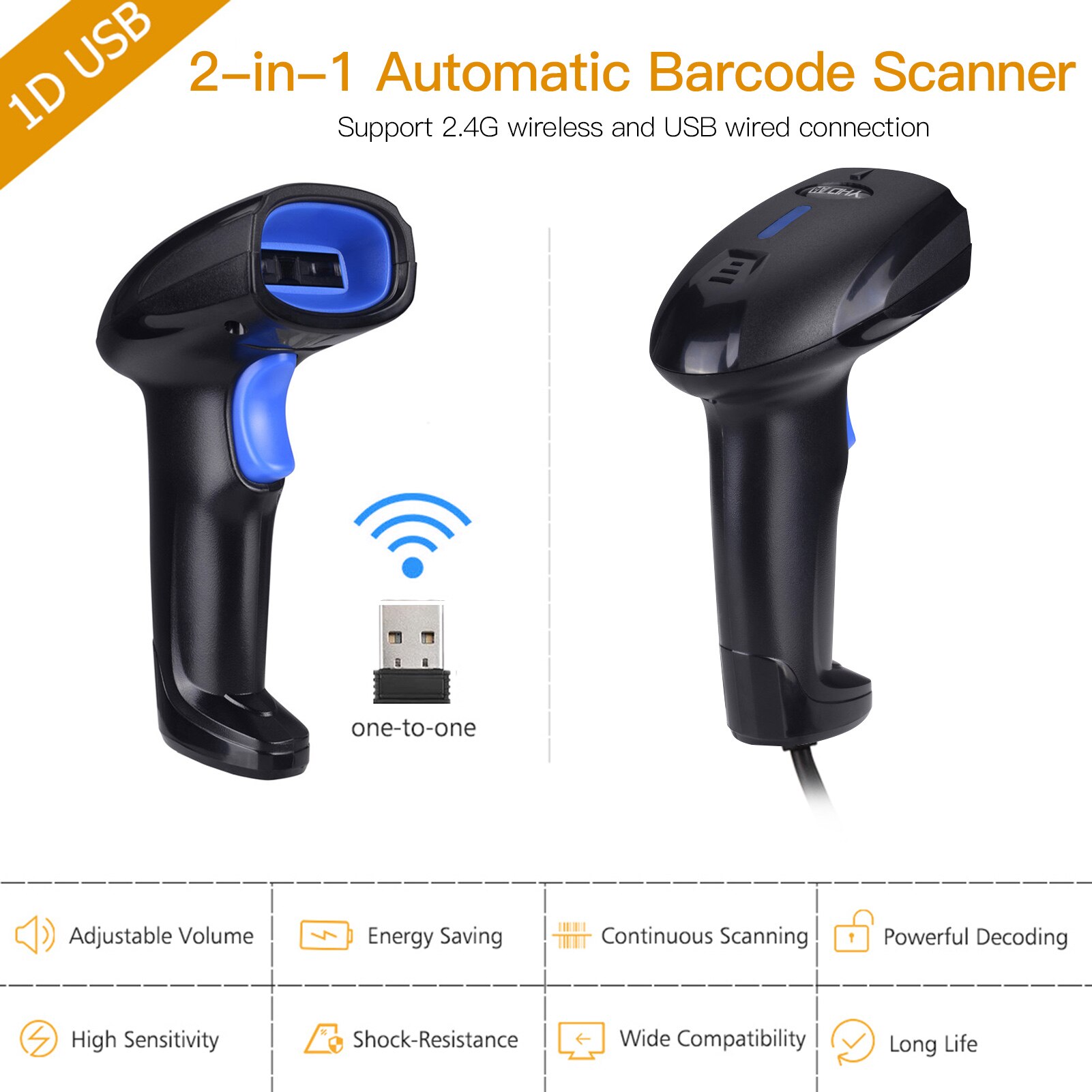 Aibecy 2-In-1 2.4G Draadloze Barcode Scanner &amp; Usb Wired Barcode Scanner Automatische Handheld 1D Bar code Scanner Reader