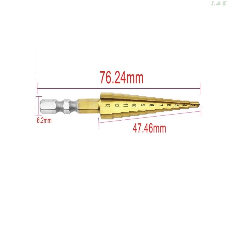 3-13mm HSS Titanium Coated Step Drill Bit Cone Hex Shank Reaming Power Tool Wood