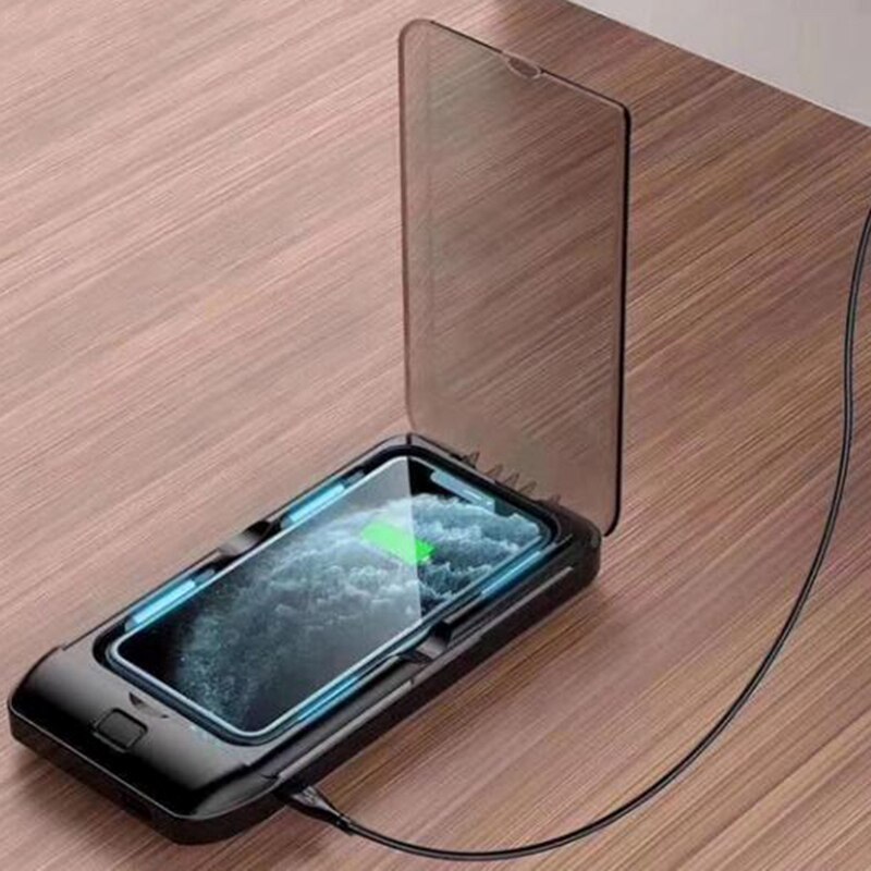 Líquido de limpeza uv do telefone, estojo portátil do líquido de limpeza do telefone celular com carregador sem fio, caixa do líquido de limpeza do smartphone do multi-uso para o telefone