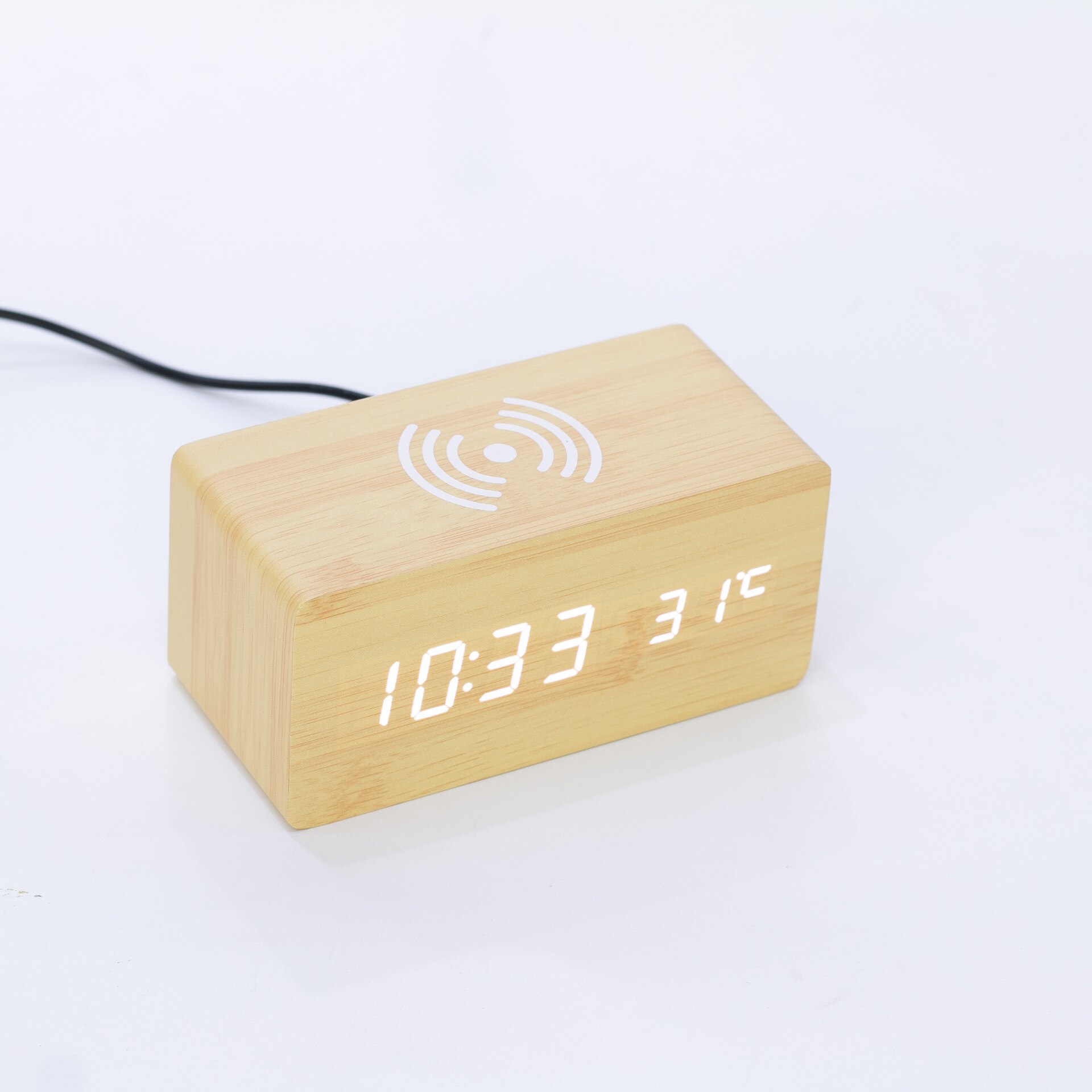 Wooden LED Electric Digital Alarm Clock Multifunctional Thermometer Clock Mobile phone Wireless Charging Clock