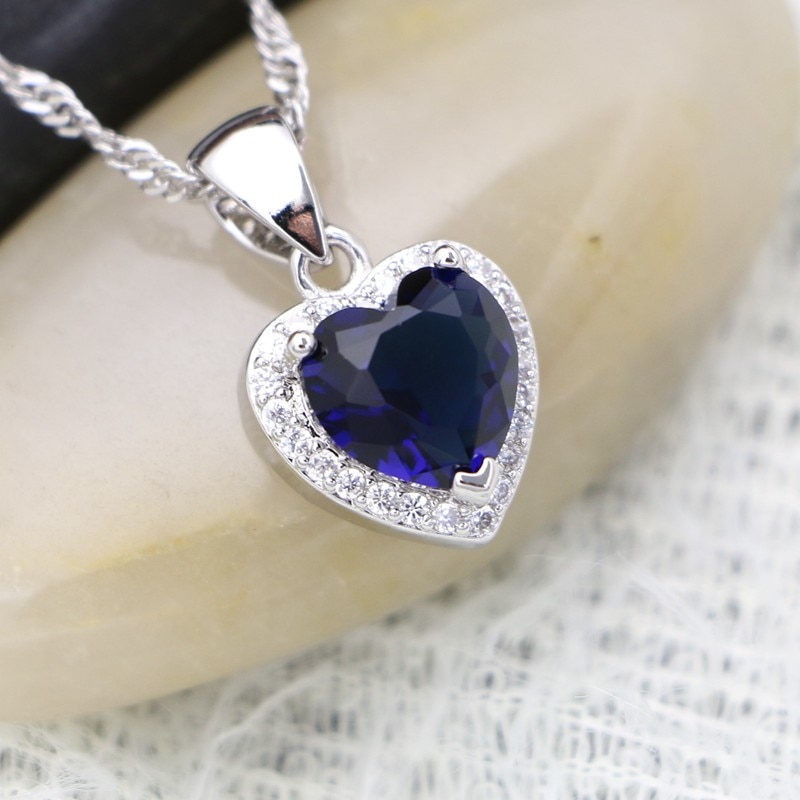 Blauw Hart Zirconia Romantische Hanger Vrouwen Bruiloft 925 Zilveren Ketting