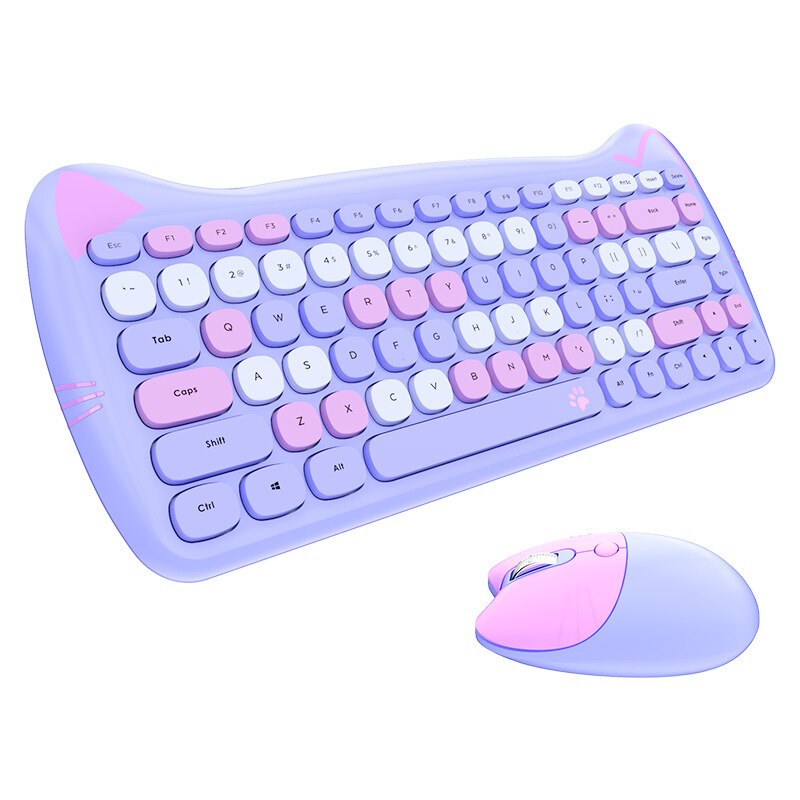 Cut Cat 2.4G Wireless Ergonomics Keyboard Set Mixed Candy Color Keycap Keyboard and Mouse Comb for Laptop Notebook PC Girls: Purple suit