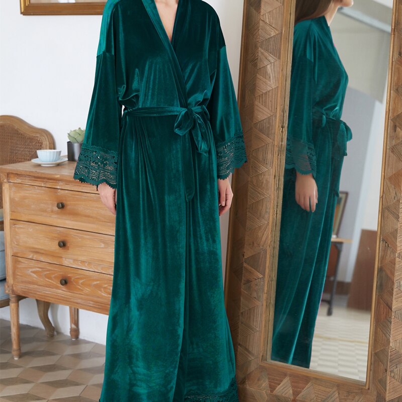 Bridesmai-Albornoz largo de terciopelo para mujer, bata de encaje para , suave, peluda, para boda, color morado: green