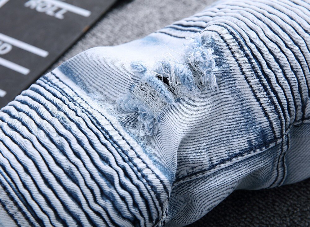 Mens Ripped Biker Jeans 100% Cotton Slim Fit Motorcycle Jeans Men's Skinny Hole Denim Joggers Pants