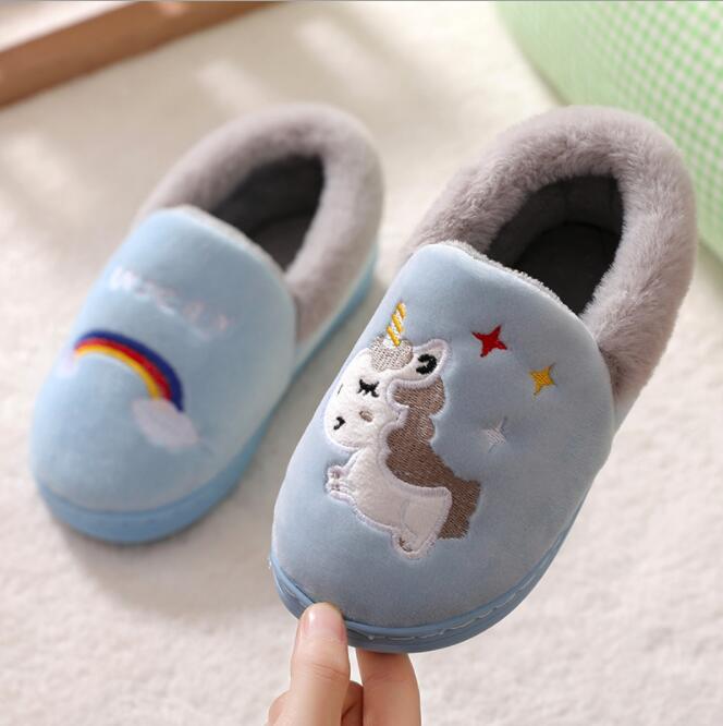 Eenhoorn Kids Slippers Voor Peuter Jongens Indoor Schoenen Baby Meisje Bont Slides Katoen Flip Flop Warme Winter Huis Kinderen Slipper: Blauw / 30-31