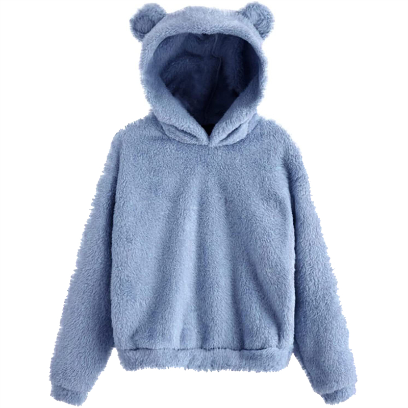 Hiver coréenne oreilles d'ours mignon sweat à capuche ample moelleux à capuche sweat à manches longues haut solide pull vêtements pour les femmes: XXL / Bleu