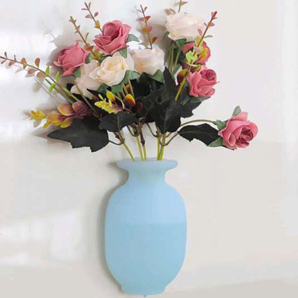 Adsorption magisk silikone vase stick væg hængende vase klistermærker glas væg køleskab ingen spor plast vase sticker: Blå