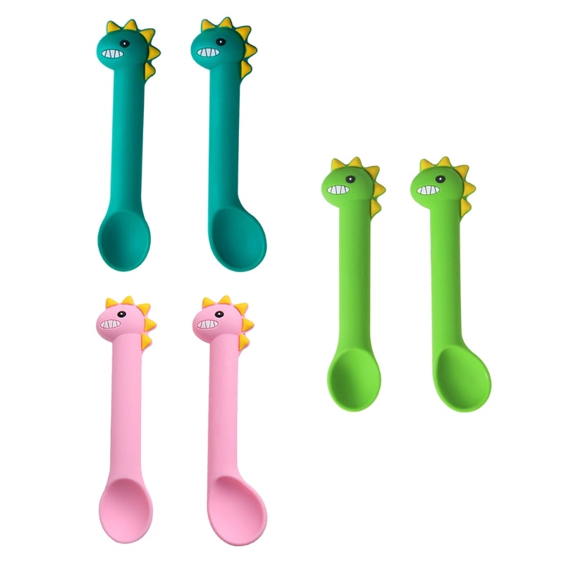 2 uds. De cuchara de alimentación de bebé, sin BPA, utensilios de silicona con bonitos dibujos animados de dinosaurios, vajilla de entrenamiento de aprendizaje infantil