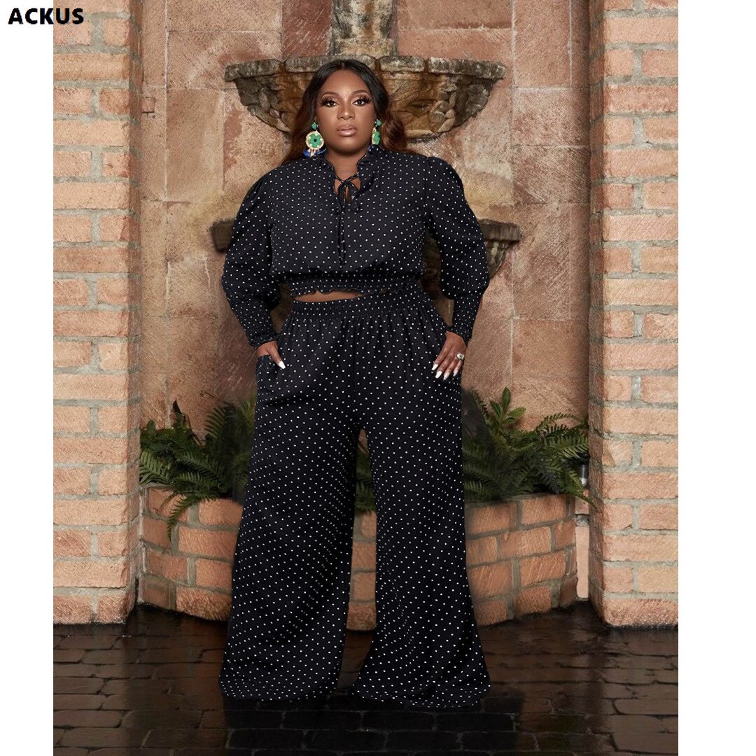 ACKUS Plus Größe Punkt frauen einstellen Streetwear Elegante Blusen Spitzen und Breite Bein Gerade Hosen Passenden Zwei 2 Stück einstellen Outfits
