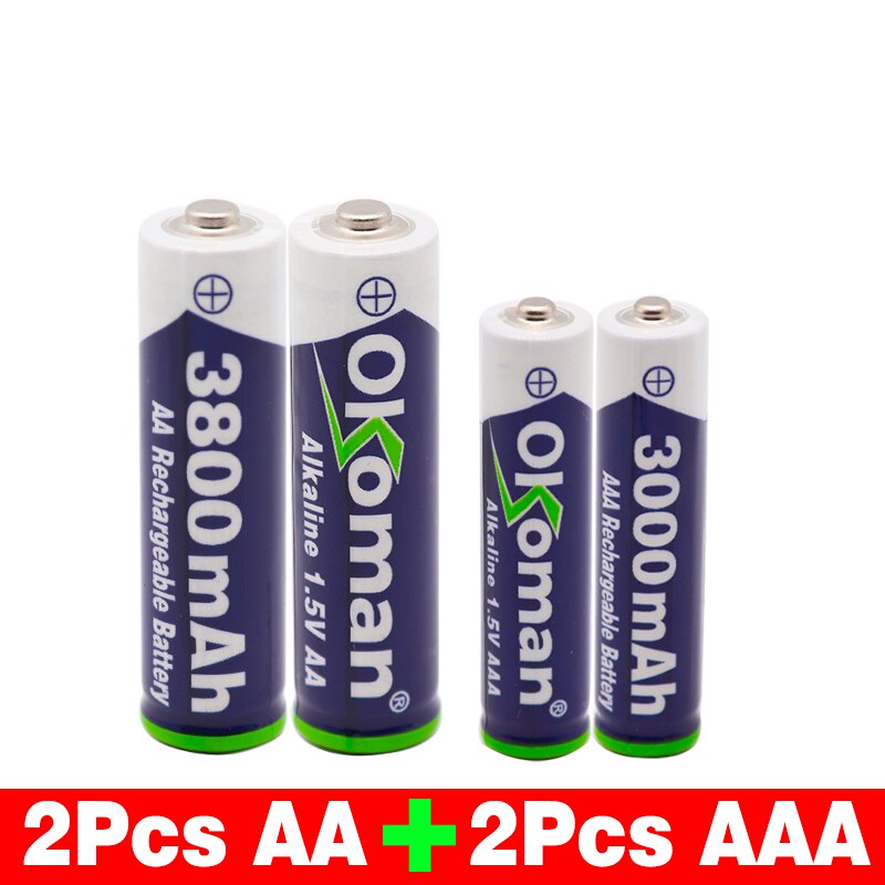 High capacity 1.5V AAA 3000mAh Alkaline Rechargeable battery + 3800 mAh AA Alkaline battery for LED light toy clock MP3 player: Gold