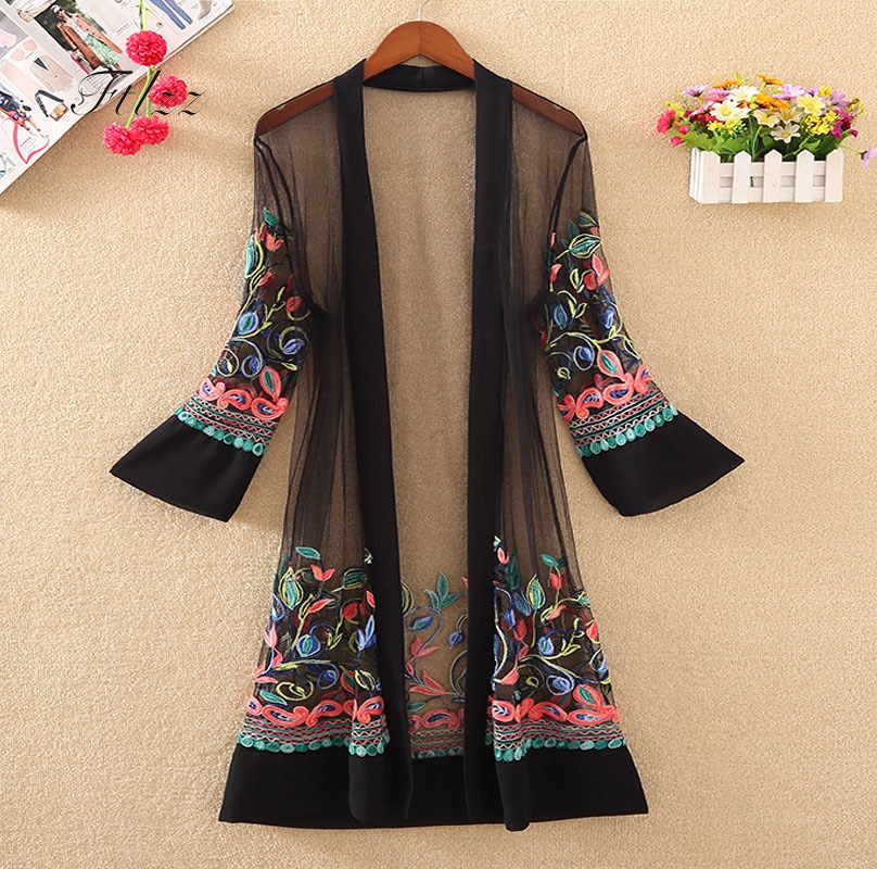 Kvinder blomstret broderet lang jakke sommernet cardigan afslappet lange ærmer tynde frakker damer vintage strandhvide overtøj