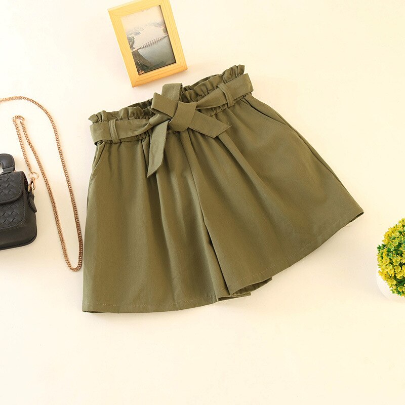 Elastic waist tie bow Loose Cotton shorts Womens summer Korean ruffles wide leg shorts for women wild casual Shorts: Army Green