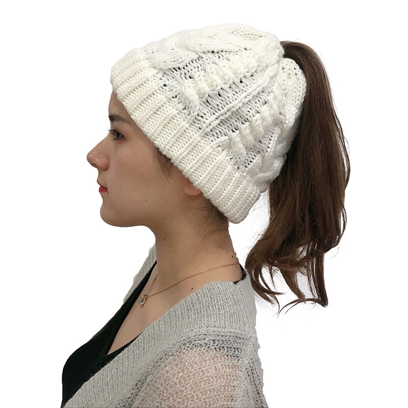 Ladies Girl Stretch Knit Hat Ponytail Beanies Winter Knitting Hats Winter Women Hat Holey Warm Hats Caps: white