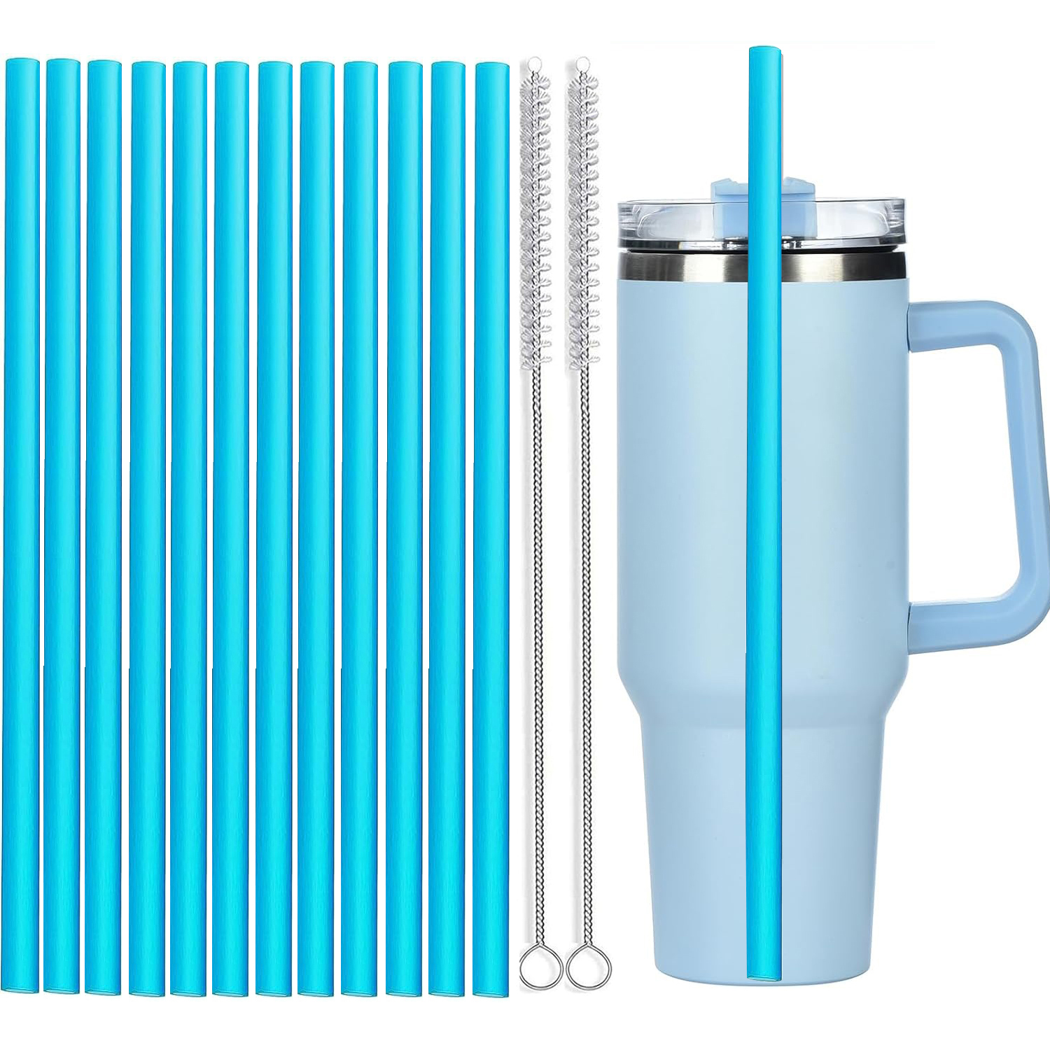 12Pcs Color Replacement Straws for Stanley 30/40 oz Tumbler , 12 in Long Reusable Plastic Straws for Stanley Cup, Plus 2 Brush: Blue
