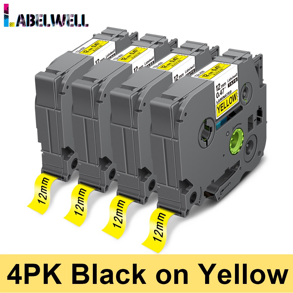 Labelwell 6PK 12mm 231 laminowane labe taśma Multicolors dla 231 131 631 431 531 731 831 wymiana dla brata PTH110 drukarka do etykiet: 4PK-Black on Yellow