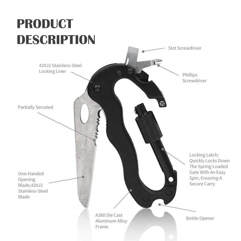 5-in-1 Multitool Carabiners Clasp Knife Stainless Steel Climbing Quickdraws Straight Cross Screwdriver Outdoor Carabiner Tools