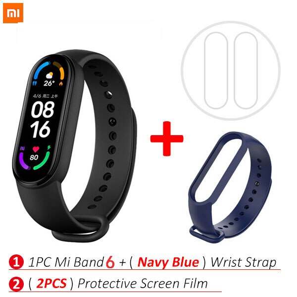 Xiaomi-pulsera inteligente Mi Band 6, dispositivo con control del ritmo cardíaco y del oxígeno en sangre, Pantalla AMOLED a Color de 1,56 pulgadas, Bluetooth, 5 colores: Add Navy blue Strap
