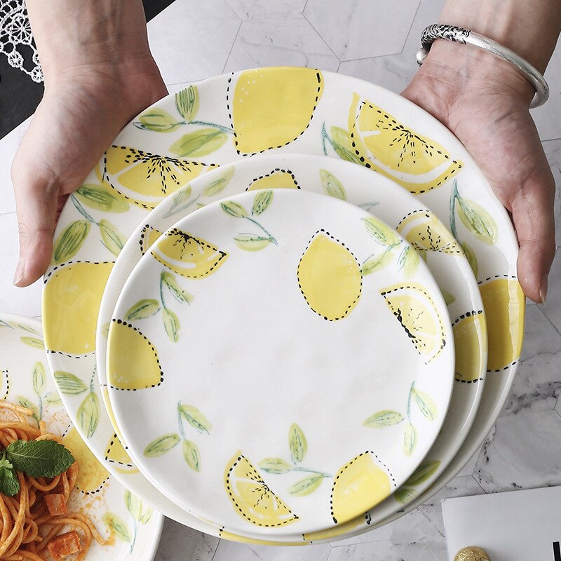 Citron glasur farve tallerken keramisk service rundt fad japansk husholdning rund rektangulær morgenmad kage frugt salat pasta