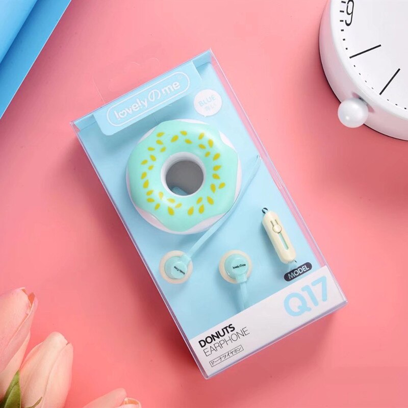 Cute Donuts Macaron Earphone 3.5mm In-ear Stereo Wired Earbuds with Mic Earphone Case for Kids Girls MP3 for IPhone Xiaomi: Blue with pacakge