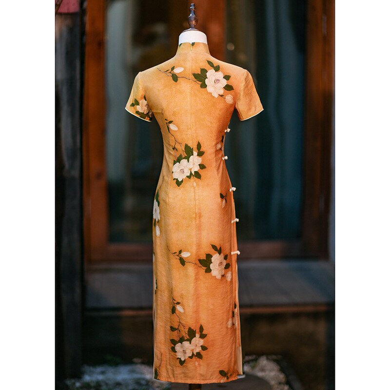 Yellow Chinese Cheongsam Girl Spring Vintage Dress Women Clothing Handmade Button Floral Long Dress Qipao