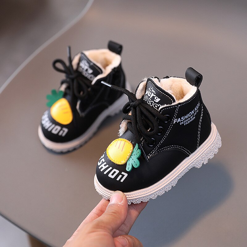 Botas Martin para niñas, zapatos de fondo suave para niños pequeños, botas de algodón cálidas de lana para exteriores, otoño e invierno,: Negro / 17 -- Insole 12.0 cm