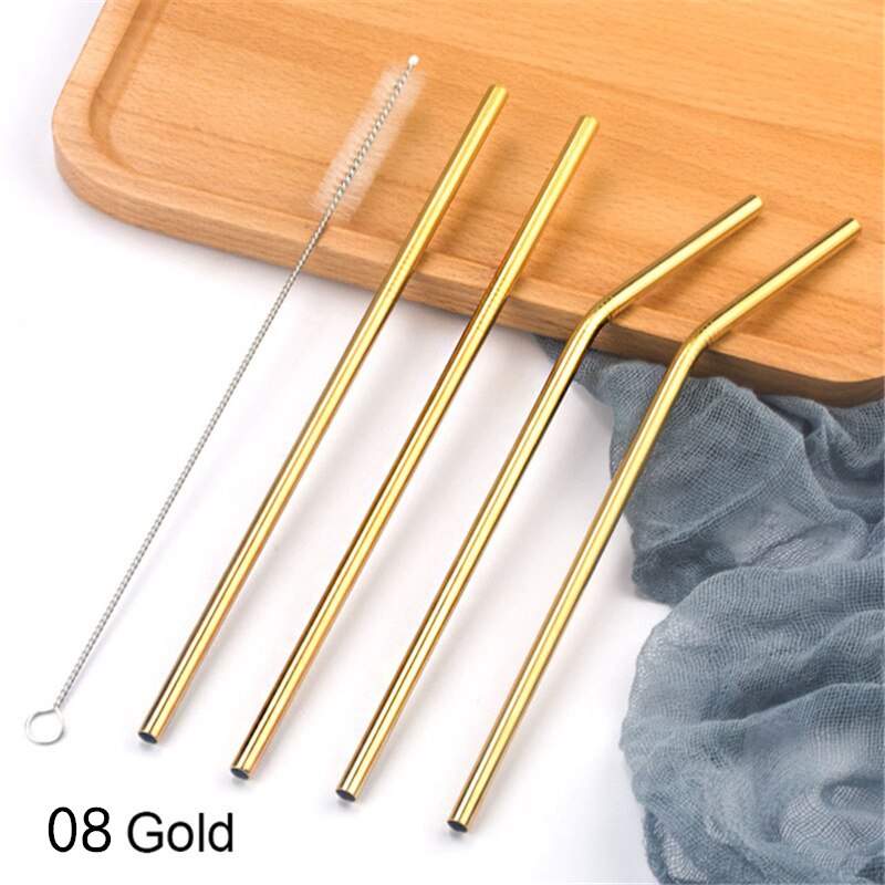 Stainless steel straight/elbow straw portable set reusable straw and straw cleaning brush silver/gold/rose gold/black/rainbow: 8