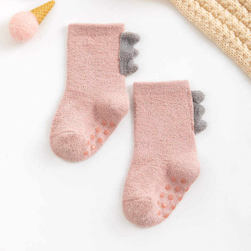 Winter Warm Coral Fleece Baby Socks Soft Thicken Terry Toddler Socks Cute Cartoon Dinosaur Infant Non-slip Floor Sock Boys Girls: Pink / L 3-5years old