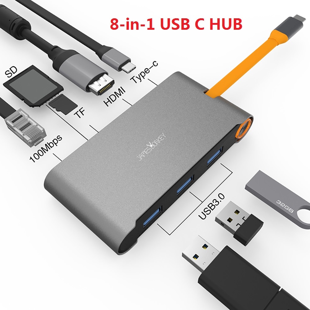 James Ezel USB C HUB 8 in 1 USB Docking Station USB-C naar HDMI Kaartlezer RJ45 PD Adapter voor macBook Samsung Galaxy S9/S8/S8