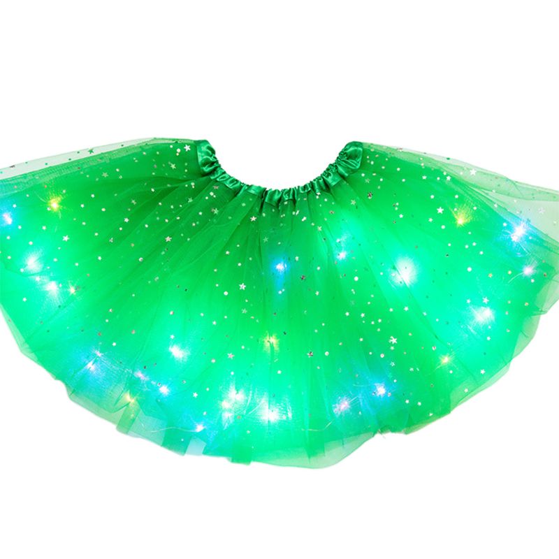 Falda con lentejuelas y estrellas brillantes para niñas, tutú de baile y Ballet con luces LED, Vestido corto de tul en capas de colores neón para escenario y: Grass Green