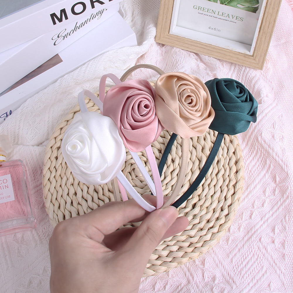 Girls Satin Rose Flower Headband Vintage Style Hairband Hair Accessories Wedding Costume Headwear Handmade Headpiece